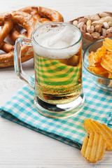 Lager beer and snacks