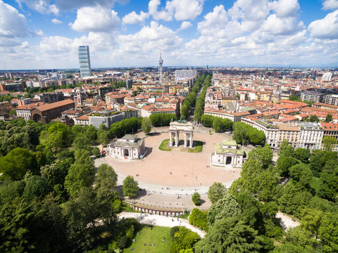 Aerial view of the Triumph Arc - Arco Della Pace in Sempione park in Milan, Italy