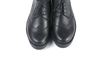 Black Shoe on White Background, Isolated Product, Top View, Studio.