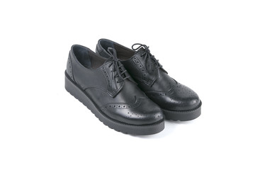 Black Shoe on White Background, Isolated Product, Top View, Studio.