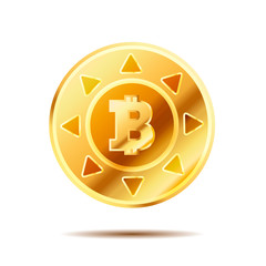 Bright glossy golden coin with bitcoin sign on white