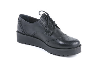 Black Shoe on White Background, Isolated Product, Top View, Studio.