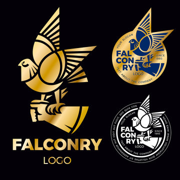 A sign of falconry is a falcon, a hawk is sitting on a gloved hand. Creative logo for the corporate identity of the company. gold falcon label. Vector logo sign concept illustration. Element of design