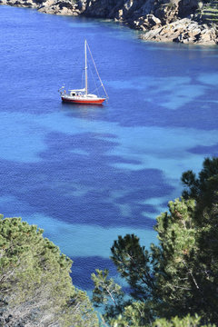Sailboat in a Caribbean sea, cala delle Cannelle Giglio Island,Tuscany,Italy