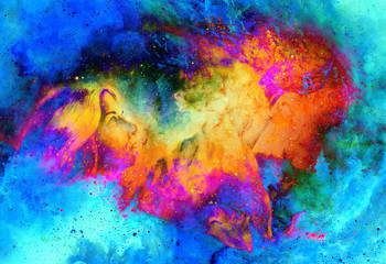 beautiful woman with hands holding light, computer graphic from painting. Cosmic Space background.