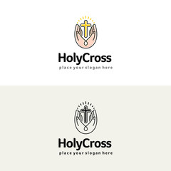 Holy cross in the hands. Christian church vector logo. Religion illustration.