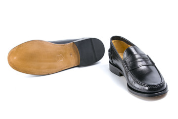 Black Shoe on White Background, Isolated Product, Top View, Studio.