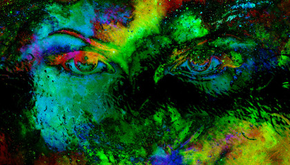 Obraz na płótnie Canvas Woman eyes in cosmic background. Eye contact. Glass effect.