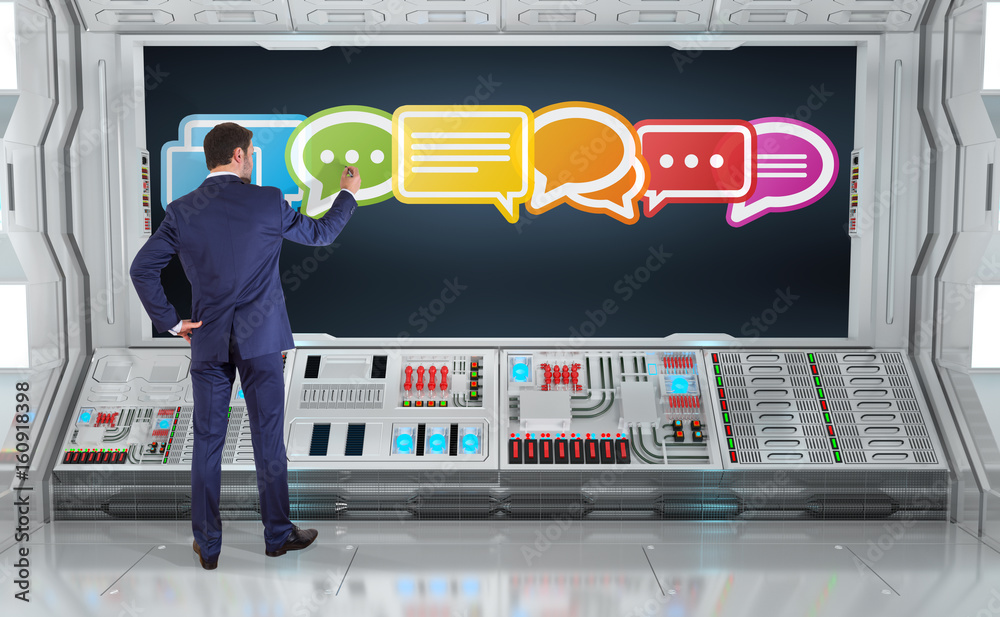 Wall mural businessman using social network interface on a board 3d rendering