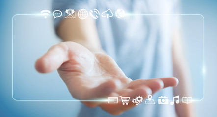 Businessman surfing on internet with digital tactile interface 3D rendering