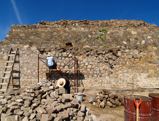 Builders restore the ancient pyramid in Mexico