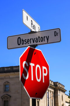 Stop sign at Park and Observatory Dr's in Madison WI, USA