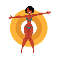 Young black, African American girl, woman in bikini floating on inflatable ring, top view cartoon vector illustration isolated on white background. Young black woman, girl swimming on inflatable ring