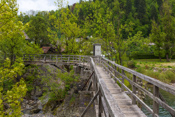 Fototapeta na wymiar The Devil's Bridge, wooden footbridge in Skofja Loka, Slovenia