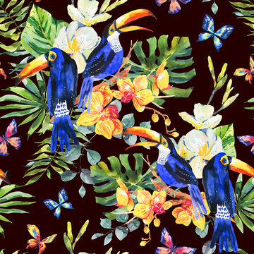 Summer watercolor seamless pattern with toucan, butterflies