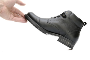 Black Boot on White Background, Isolated Product, Top View, Studio.