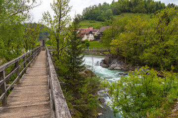 Fototapeta na wymiar The Devil's Bridge, wooden footbridge in Skofja Loka, Slovenia