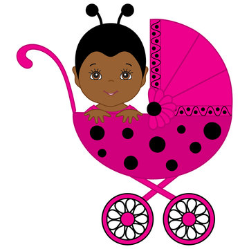 Vector African American Cute Baby Girl in Ladybug Costume  Sitting in the Stroller.
