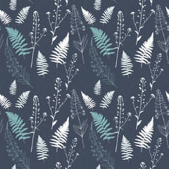 Floral vector seamless pattern with fern leaves, shepherd's purse plant and fireweed flowers.