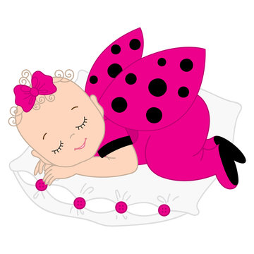 Vector Cute Baby Girl in Ladybug Costume Sleeping on the Pillow.