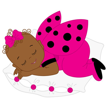 Vector African American Cute Baby Girl in Ladybug Costume Sleeping on the Pillow.