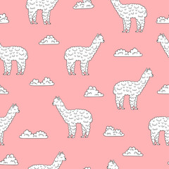 Cute lama seamless pattern. Vector pink background with alpaca and clouds. 