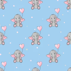 Wall murals Animals with balloon Seamless pattern with cute elephants and heart balloons. Vector background for kids design. Baby print.