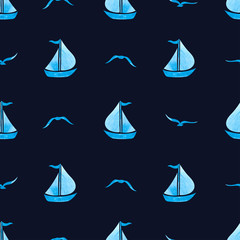 Seamless sea pattern with sailing ships and seagulls. Marine vector background.