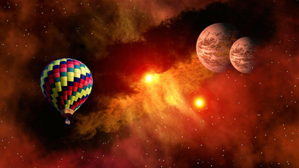 Naklejka na ściany i meble Hot air balloon outer space star planet fairy tale stunning surreal fantasy landscape. Elements of this image furnished by NASA.