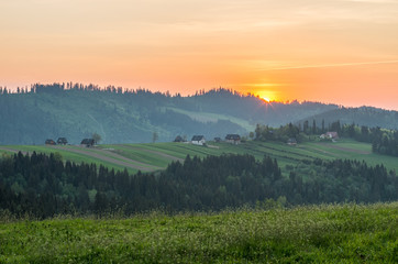 Fototapeta na wymiar Moments before sunrise in Carpathian mountains, spring, Poland