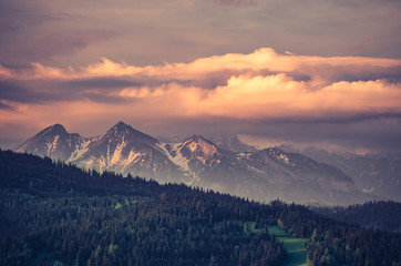 Beautiful spring panorama over Spisz highland to snowy Tatra mountains in the morning, Poland