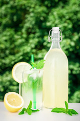 Lemonade in a bottle with lemon. Green nature background. Sparkling water with lemon basil and mint. Cold drink for hot summer. Cold lemon water