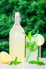 Lemonade in a bottle with lemon. Green nature background. Sparkling water with lemon basil and mint. Cold drink for hot summer. Cold lemon water