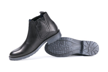 Male Black Shoe on White Background, Isolated Product, Top View, Studio.