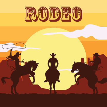 rodeo poster with cowboy and cowgirls silhouette riding on wild horse and bull. vector illustration
