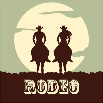 rodeo poster with cowboy and cowgirl silhouette riding on wild horse and bull. vector illustration