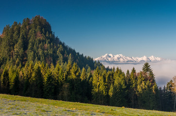 Morning panorama of Pieniny and Tatra mountains, Poland landscape