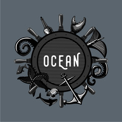 Vintage ocean emblem. Retro travel lable. Marine life Seafood menu