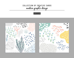 Collection of creative universal artistic floral cards. Hand Drawn textures. Trendy Graphic Design for banner, poster, card, cover, invitation, placard, brochure, header.