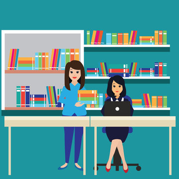 women in a library, working, reading a book. vector illustration