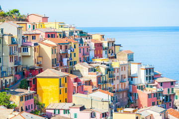 View on architecture of Riomaggiore town. Riomaggiore is one of the most popular old village in...