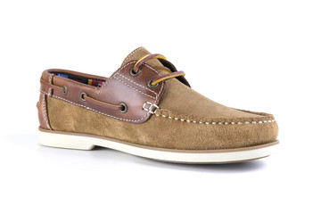 Male Brown Shoe on White Background, Isolated Product, Top View, Studio.