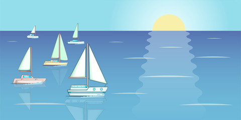 Yachts regatta banner horizontal, cartoon style