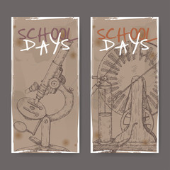 Two banners with school related sketches featuring microscope and electric generator model.
