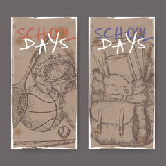 Two banners with school related sketches featuring sport gear and backpack.