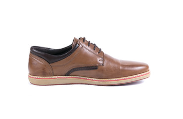 Male Brown Shoe on White Background, Isolated Product, Top View, Studio.