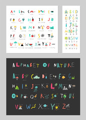 Collection of cute alphabets. Letters and words, natural events, flora and fauna. Learn to read. Isolated.