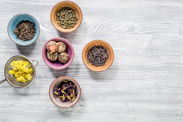 Drink herbal tea with brew gray wooden table background top view space for text