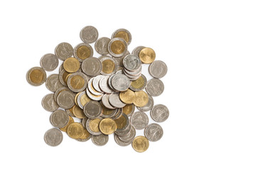 Coin pile in many values of one currency on white background with copy space on the right for text decoration, saving money concept (top view)
