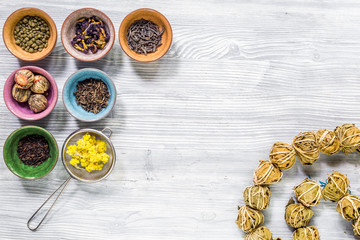 Drink herbal tea with brew gray wooden table background top view space for text